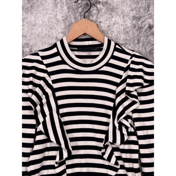 Veronica Beard Top Medium Womens Dawson Striped Long Sleeve Ruffle Ribbed - Picture 2 of 8